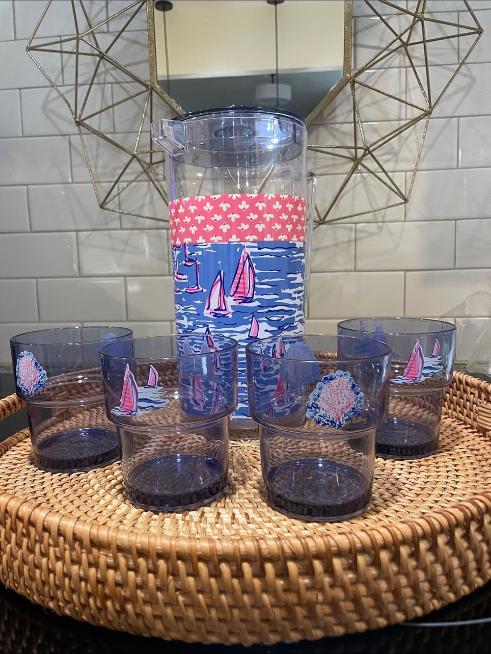 Lilly Pulitzer Blue Sailboat Pitcher and Tumbler Set with Pink Accents